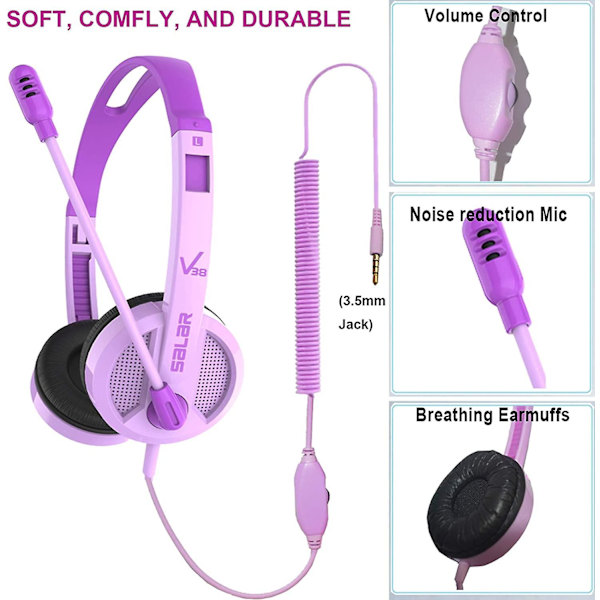 Barnens headset med mikrofon, trådbundet headset, barns lätta headset