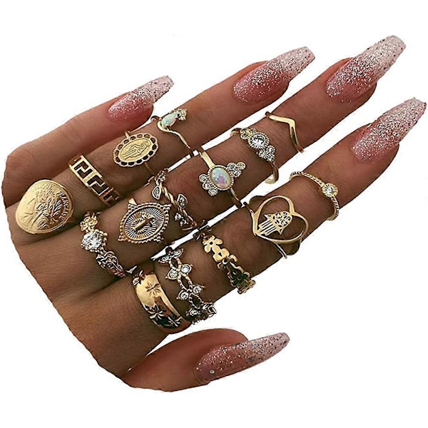 6-16 st Knuckle Stacking Ringar för Kvinnor Tonårsflickor, Boho Vintage Finger Ringar Stackbara Guld Silver Midi Ringar Set Flera Ringar Pack Storlek 5-10-