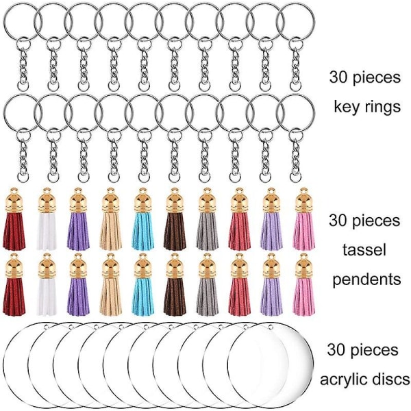 Kvaster til smykkefremstilling, 30 stk. læderkvast nøglering charms bulk med 30 stk. springringe 30 runde plader til armbånd, akryl nøgleringsemner en