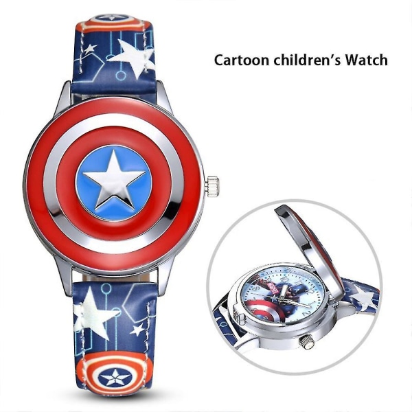 Spiderman/captain America/iron Man Avengers Superhelt Kids Boy Quartz Watch Flip Case Barn Bursdagsgave（Captain America）