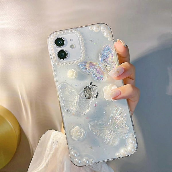 iPhone 13 Pro Skal Söt Fjäril Blomma Pärla 4D Glimmande Glitter Spark Lyxig Flickig Estetisk Personlig Transparent Epoxy TPU Skal