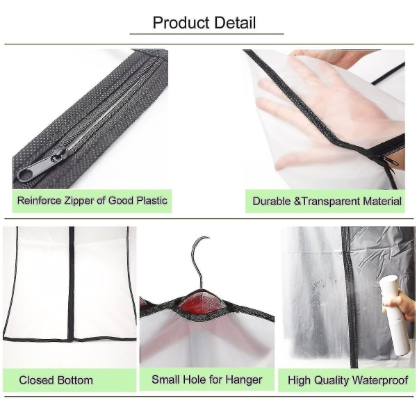 Pakke med 12 plaggpose dress lang, 60 x 120/100 cm kant transparent dress bag plagg poser