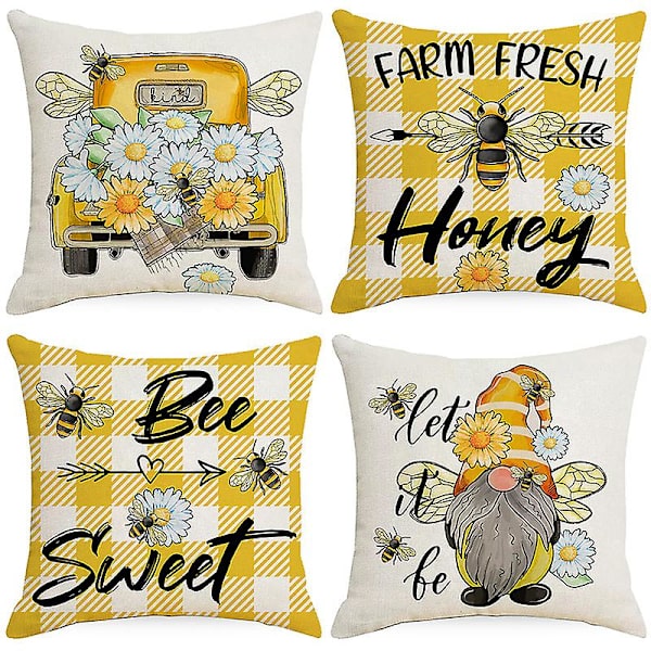 4 stk Puteromslag Kvadratisk Bie Puteromslag for Sofa Seng Hjemmedekorasjon 18 x 18 Tommer Sommer Bie Glad Bie Snill Dekorativ