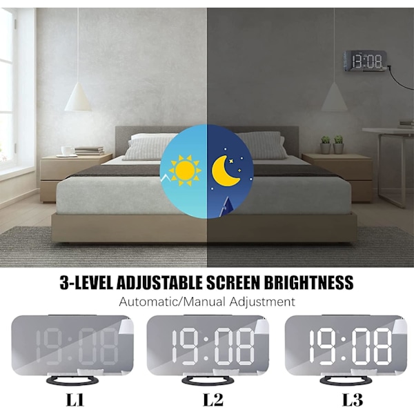 Digital väckarklocka, stor speglad LED-display, med USB-laddare, snooze-funktion dimläge väggmonterad bredvid skrivbordsklocka för sovrum (svart)