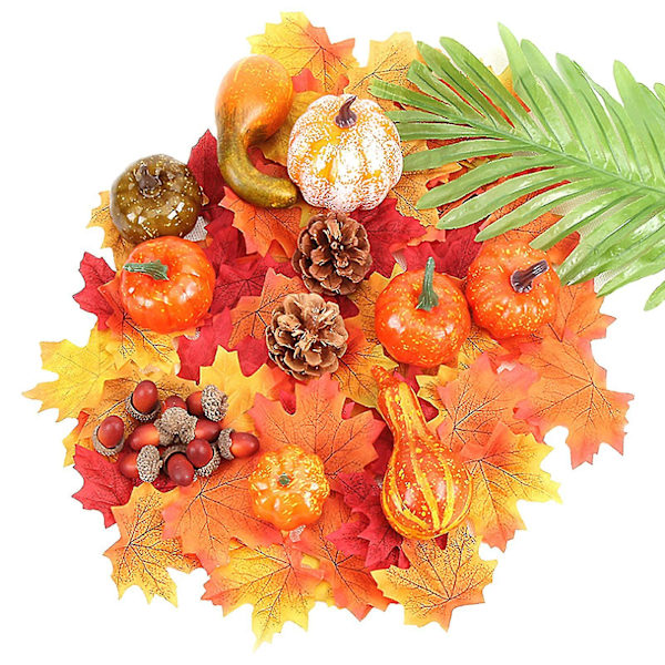 50 st konstgjorda pumpor Thanksgiving heminredning skördedekoration set, falska pumpor kalebasser lönnlöv tallkottar ekollon