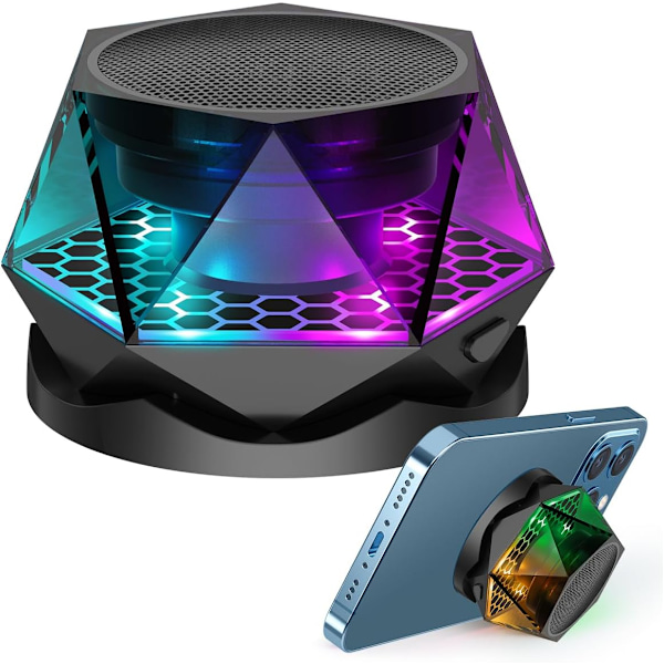 Magnetisk Diamant Bluetooth-högtalare, Liten Trådlös Högtalare med Multi-RGB Färg Ljusshow, Bärbar Telefonhållare för iPhone, Android, TWS-parning
