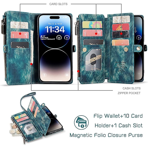 iPhone 14 Pro Max-fodral, iPhone 14 Pro Max-fodralplånbok för kvinnor och män, hållbart PU-läder med magnetiskt spänne, flipp, handledsrem, blixtlås, kortfack, telefonfodral