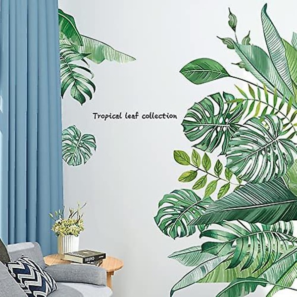 Ghyt grønne tropiske blader veggdekor, natur palmetre bladplanter veggklistremerke kunst veggmalerier, vanntett selvstendig veggdekor