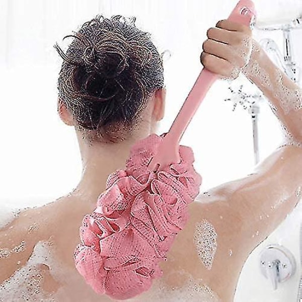 Badebørste med langt skaft Badekar Svamp Kroppsskrubber Badepulver Puff Back Børste Bakbørste Bad Mesh svamp (rosa)
