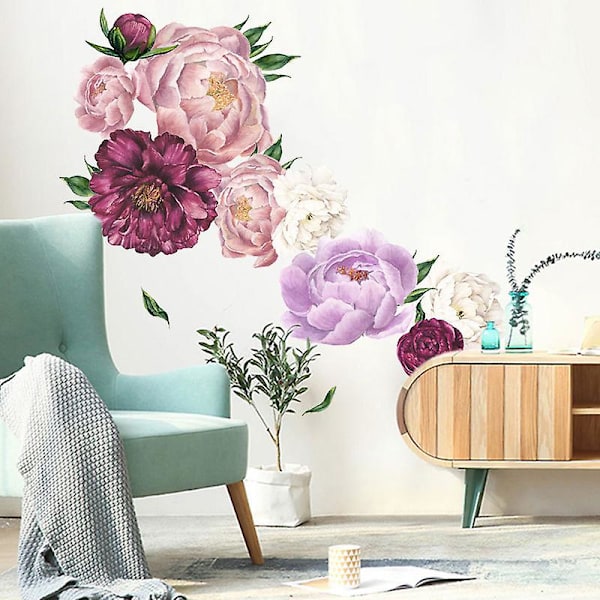 Blomsterprint vægklistermærke pæonblomster soveværelse vægindretning, hvid og pink blomster, 1 sæt