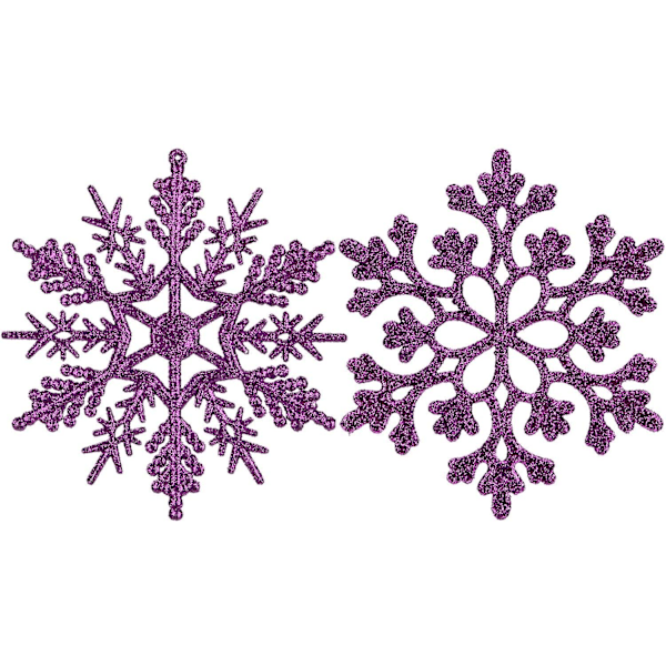 Plastjulkulor med glitter i snöflingform, julgransdekorationer, 10 cm, set om 36, lila