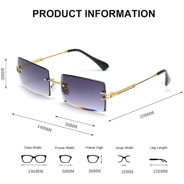 Rimless rektangulära solglasögon för kvinnor/män ultralätt metallram