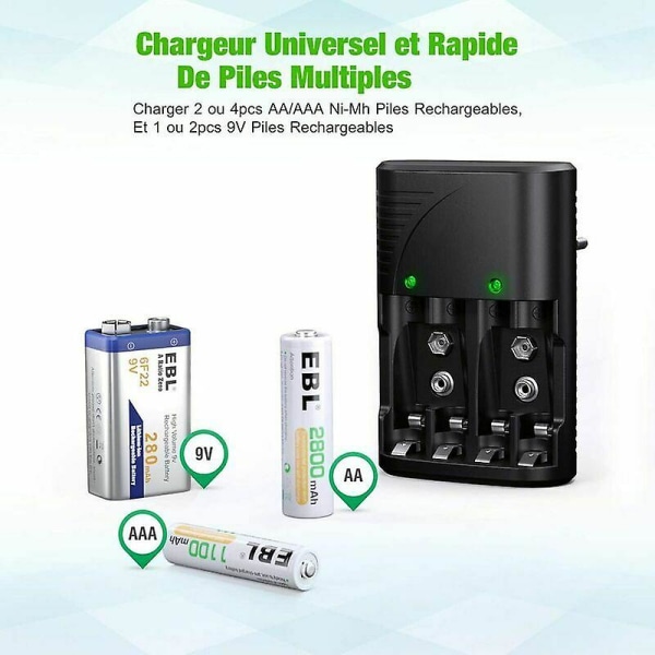 Universal AA/AAA/9V batteriladdare, 6802 snabbladdare kompatibel AA/AAA NI-MH eller 9V uppladdningsbara batterier med LED-indikator, 100-240V Worldwide Vol.