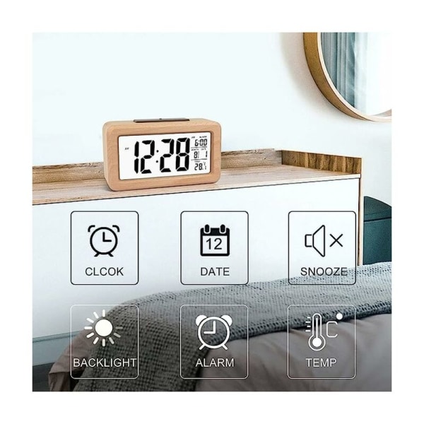 Enkelt set digital väckarklocka i trä med temperatur, digitalt alarm, datum, bakgrundsbelysning, snooze, lämplig för sovrum, säng, hem, kontor, ingen bock