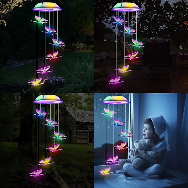 Solcellsdriven Vindspel med LED-Fjäril för Trädgård Vattentät Färgväxlande LED-Klockor Romantisk Utomhusdekoration för Patio, Trädgård Mors Dagspresent