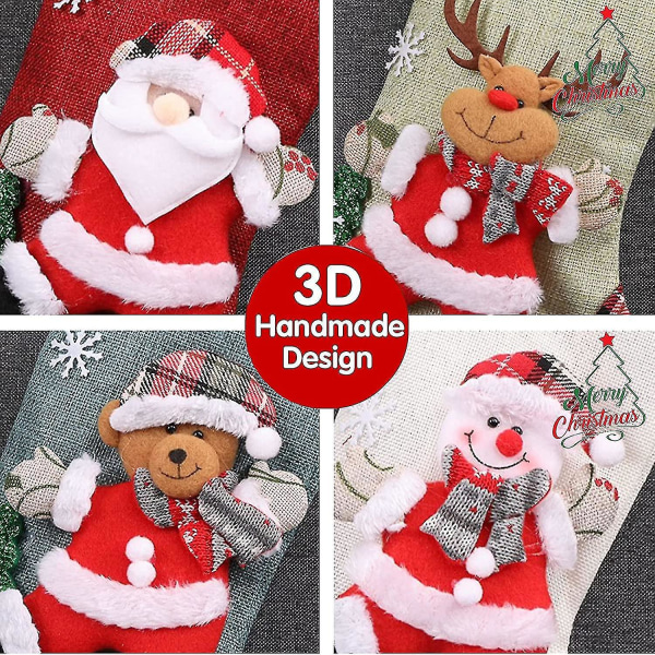 4 pakettia joulusukkahousuja, 18 tuuman setit, sukat, joissa on joulupukki, lumiukko, poro, karhu, 3D-pehmoinen joulukoristeet perhelomalle joulujuhliin