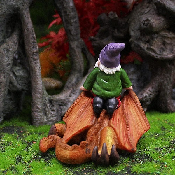 Trädgårdsgnomstaty Gnom som Rider Draken Dinosaurie Resinstaty Mikrolandskap Dock Miniatyr Ornament
