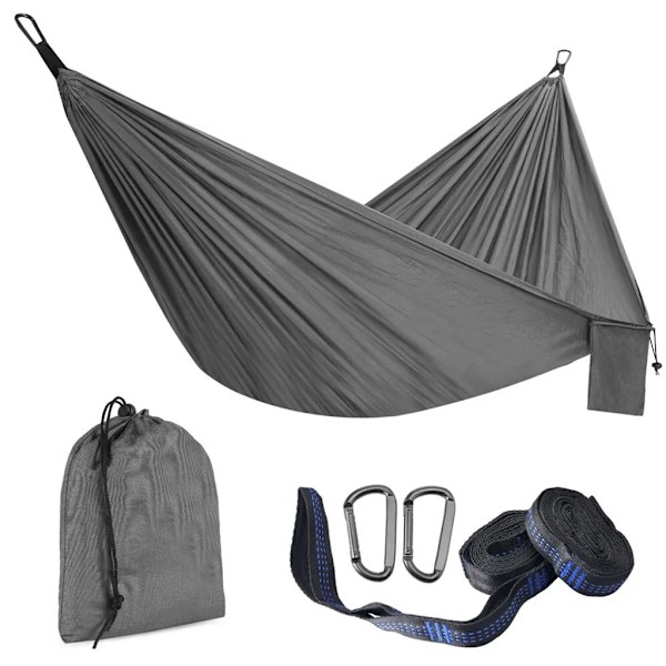 Camping Hängmatta Utomhus, 210T Nylon Spinning 2 Personer 275x140cm Resa Hängmatta upp till 300 kg Lastkapacitet och Dubbel Hängmatta, (Mörkgrå)