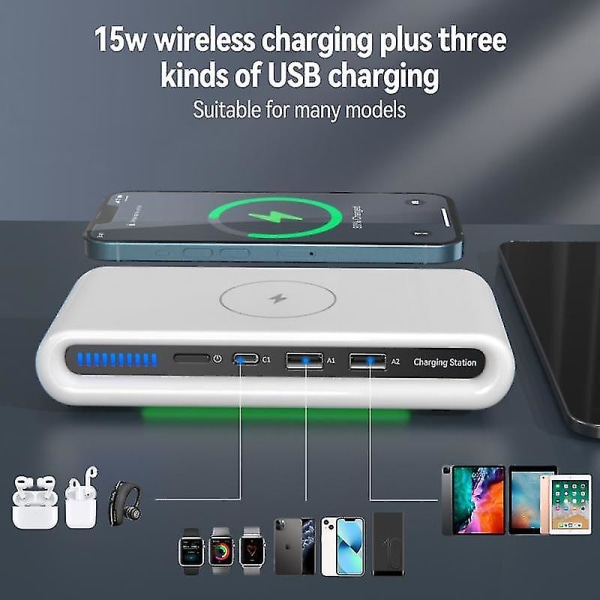 15w trådlös laddare, 4 i 1 multifunktionsladdningsstation, USB multiport trådlös laddare