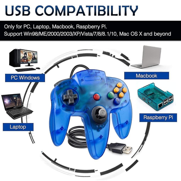 Klassisk USB-controller til N64 Gaming, Usb Retro N64 Gamepad Joystick Joypad til Windows Pc Mac Linux Raspberry Pi 3 (gennemsigtig lilla)