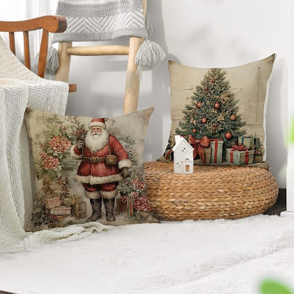4 stycken julkuddfodral 45x45cm, linnekuddfodral för soffa, shabby chic inredning juldekoration, dekorativa kuddar för soffor, jul