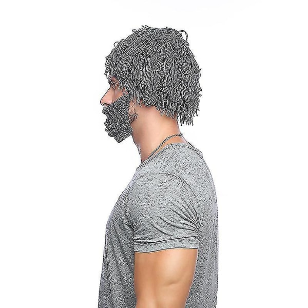 Strikket skjeggparykk lue skimaske Håndlaget kreativ skjeggparykk varm lue til vinter (grå)