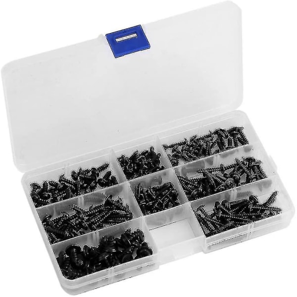 200 stk sort rustfrit stål rundhoved selvskærende skruer sortimentssæt med klar kasse