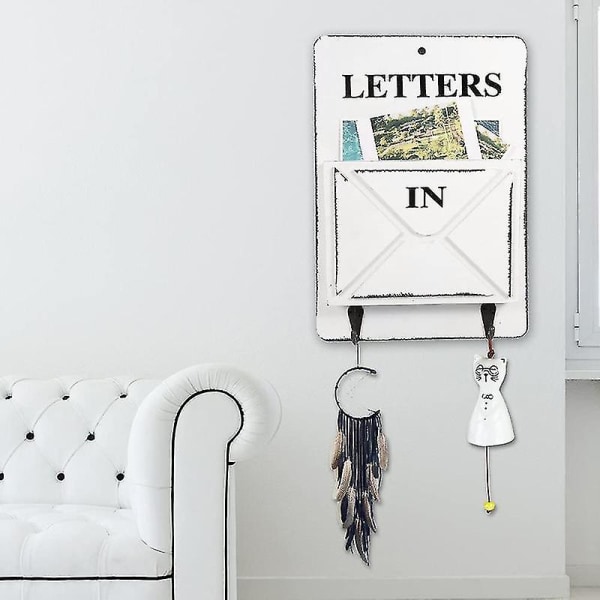Træpostkasse brevstativ Vægmonteret postsortering Opbevaringsboks nøglekroge stående holder (hvid)