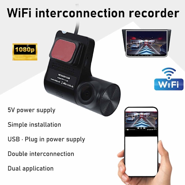 Dash Cam, 1080P HD, Inbyggd WiFi Smart Dash Camera för bilar, 140 vidvinkel FOV, WDR, nattseende, stöd för mobil onlinevisning