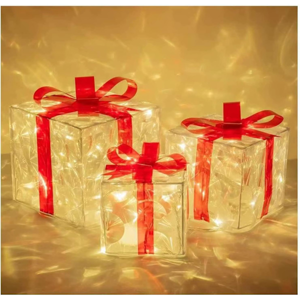 Julbelysta Presentaskar, Set om 3 Juldekorationer Super Ljusa 60 LED-lampor, Juldekorationer Utomhus Gräsmatta, Transparent Jul D