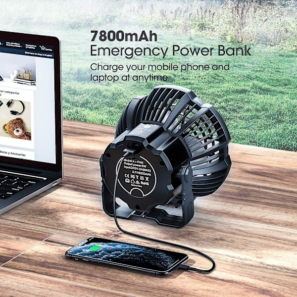 Campingfläkt med LED-lykta, 7800 mAh Uppladdningsbar Portabel Tältfläkt med Fjärrkontroll, Powerbank, 180° Huvudrotation, Tyst USB Batteridriven