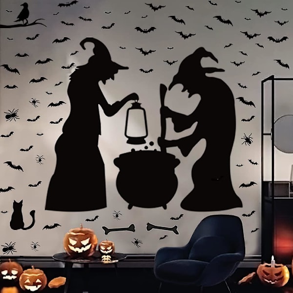 Halloween-koristeet, seinätarrat, ikkunakoristeet, juhlatarvikkeet, 2 noitaa lepakoilla, hämähäkeillä, kissoilla ja variksilla