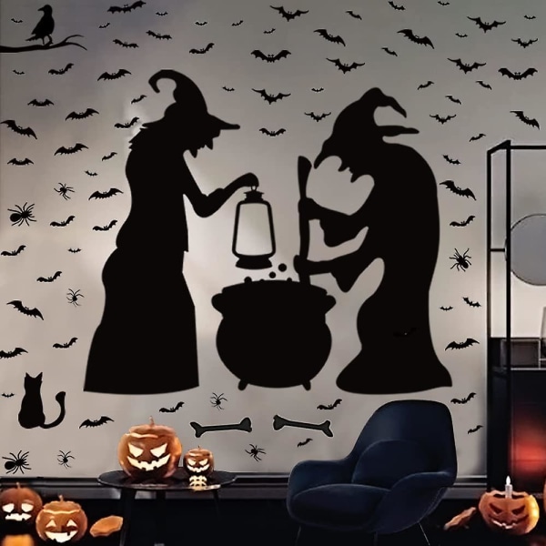 Halloween-sisustus, seinätarrat ikkunoiden sisustusjuhlatarvikkeita, 2 noitaa lepakoilla Hämähäkkikissat ja varikset