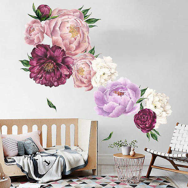 Blomsterprint vægklistermærke pæonblomster soveværelse vægindretning, hvid og pink blomster, 1 sæt
