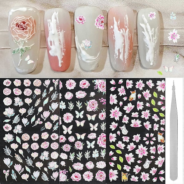 Blommor Nagelkonst Dekaler, 5D Utsökt Präglad Rosa Ros, Pion Fjäril Löv Nagelkonst Dekoration Nagelkonst Tillbehör Självhäftande Skärning Design Ac