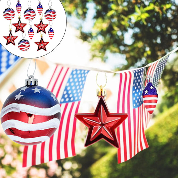 12 st 4 juli kulornament patriotiska dekorationer för träd plast oberoende dag femuddig stjärnkula dekorationer semesterdekor för hemde