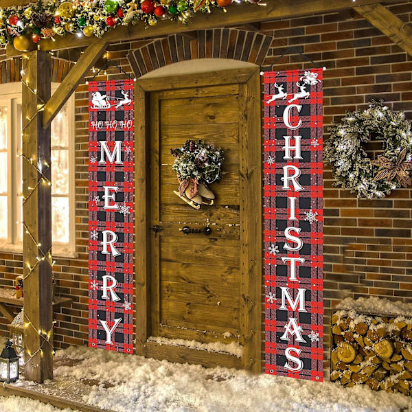 Önska God Jul Dekorationer Banner, Jul Veranda Skylt Röd Rutiga Hängande Banners För Inomhus Utomhus Framdörr