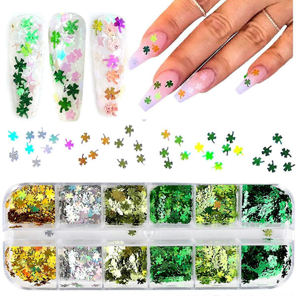 Shamrock Nagelsticker Dekaler Nagelflimmer St. Patricks Dag Klöver Glittrande 3D Nagelkonstmaterial Flakes Holografisk 12 Rutor Färgglad Grön Glitter S