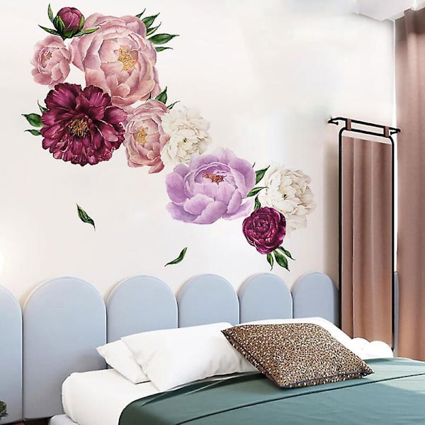 Blomsterprint vægklistermærke pæonblomster soveværelse vægindretning, hvid og pink blomster, 1 sæt