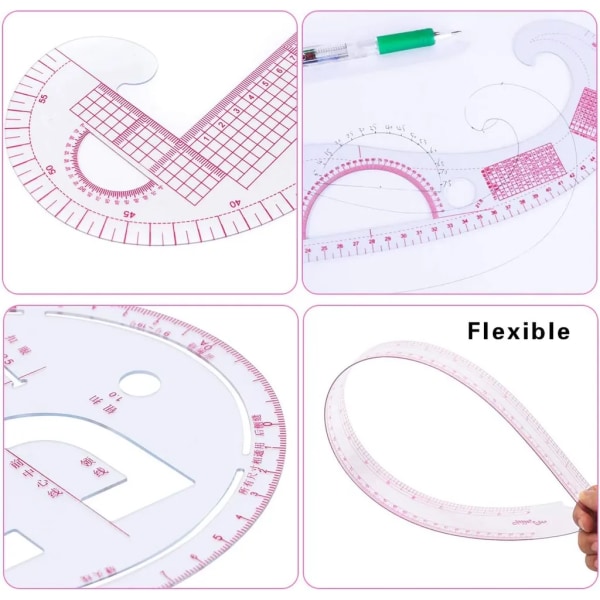 Skräddarsydd linjal skräddarsydd set 7 delar plast böjd grad linjaler skräddarsydd mönsterdesign böjbar ritmall skräddarsydd