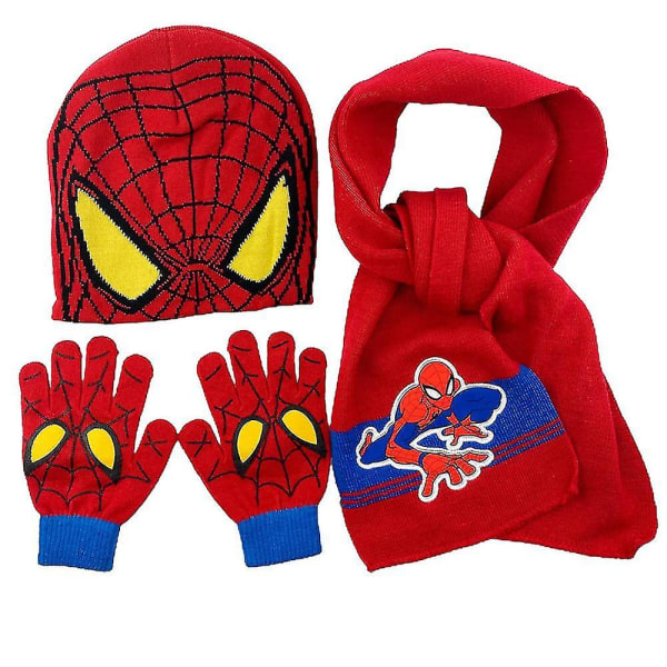 Kids Spiderman Superhelt Beanie strikket lue Skjerf og hansker Vinter varme sett gaver (rød)