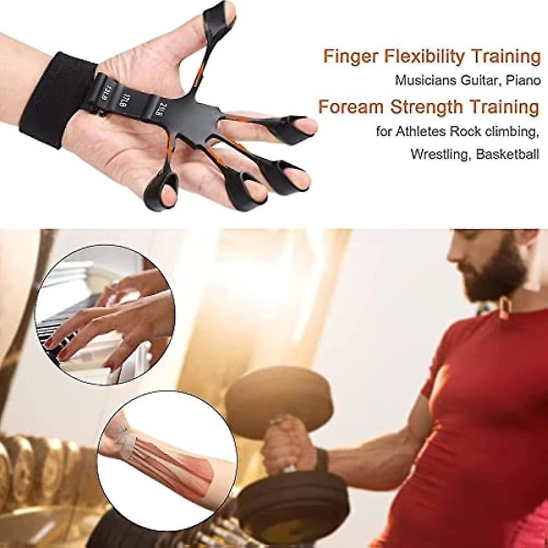 Fingerstyrketrener Fingertrener, 6-motstandsdyktig fingertrener, gitarstyrketrener, håndterapi og treningsenhet (Sort)