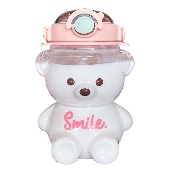 Tecknad söt björnhalmflaska för barn Vattenflaska med sugrör justerbar axelrem (rosa)