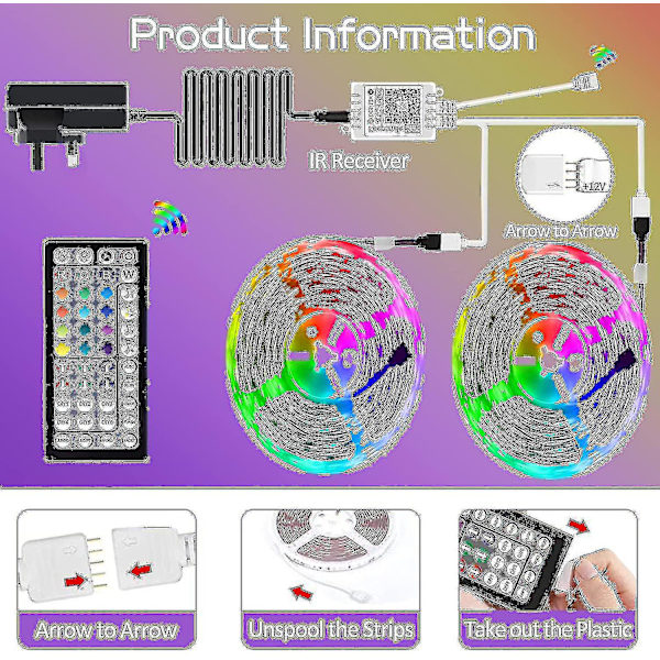 20m LED-lys Bluetooth RGB-lys LED-båndlys med 44-tasters fjernbetjening Musiksynkronisering Farveskiftende LED-stemningsstrimmel