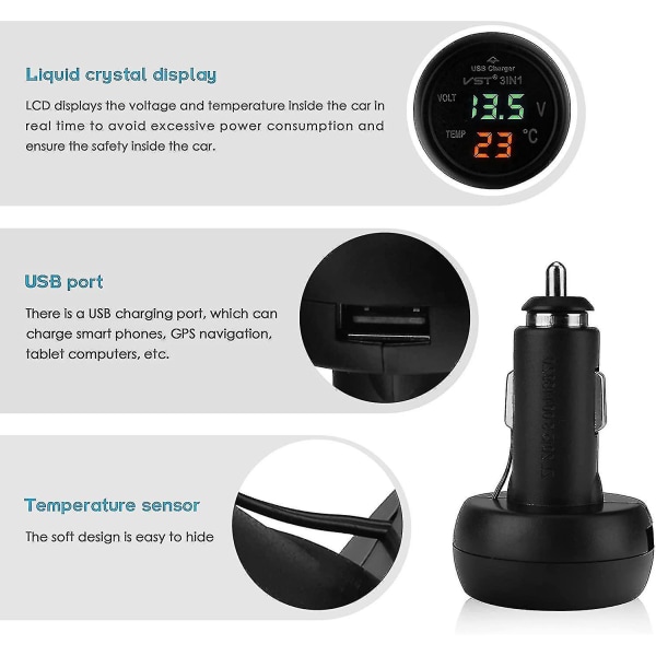 2024 Bil Voltmeter, 3 i 1 12-24v Bil Termometer Bil Usb Lader Voltmeter Med LCD Digital Display Pane