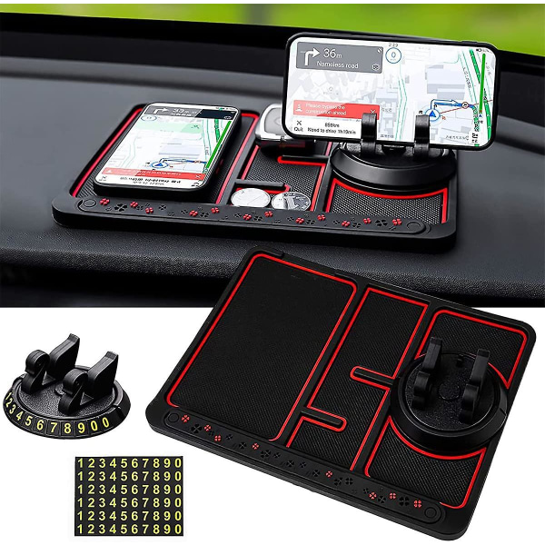 Halkfri telefonplatta för 4-i-1 bil, universal 360 graders roterande biltelefonhållare, Sticky Dash-matta, Anti-slip bilinstrumentbrädematta med parkeringskort Num