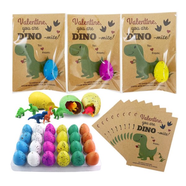 Ystävänpäivälahjat lapsille, 24 kpl dinosauruksen munia, joista kuoriutuu Kasvavat ystävänpäivämunat ja sisällä minidinosaurusleluja pojille, tytöille, toddler Cla