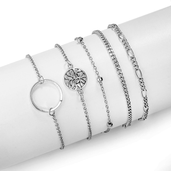 WABJTAMSet med 5 silverarmband med pärlor och kedjor för kvinnor Bohemisk stil pärlstav med cirkel och livets träd Silverkedja för kvinnor och flickor