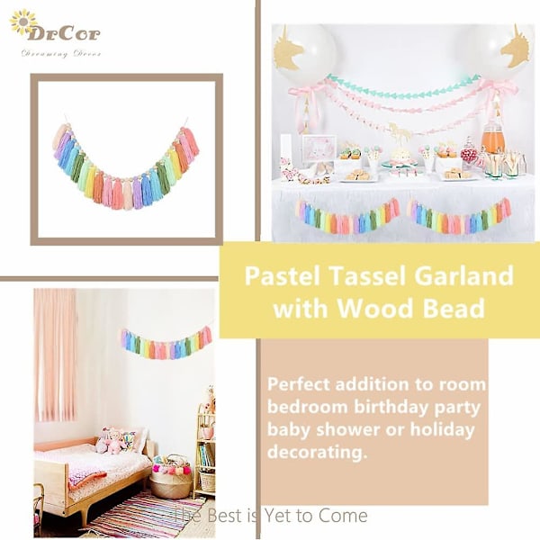 Drcor Pastel Regnbåge Pompom Girlang Färgglad Banner Träpärla Fiesta Flickrum Vägg Klassrum Kontor Barnkammare Bi