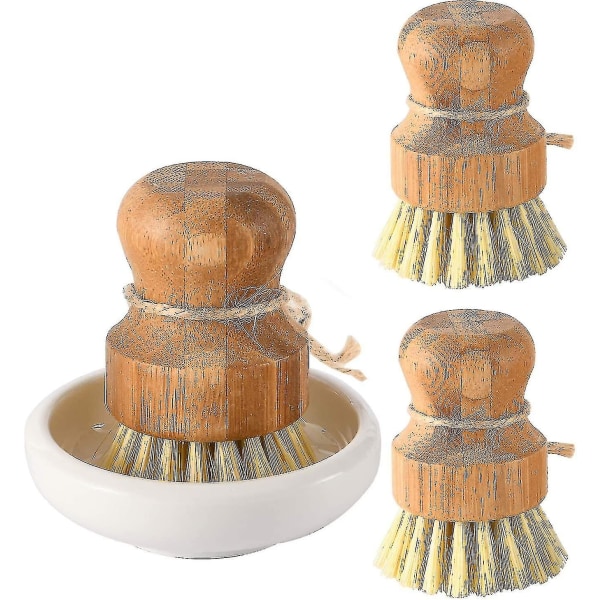 Bambu Diskskrubbborstar By , Kök Trärengöringsskrubber set för att tvätta Gjutjärnspanna/kruka, naturliga sisalborstar, set med 3